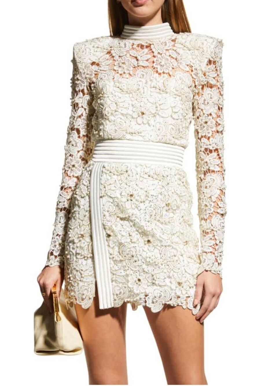 Zhivago Angelus Pearl & Lace Mini Dress US Sz 6 Gold Embroidered Satin MSRP $675
